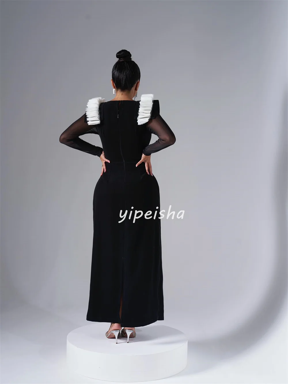 تخصيص الطراز الحديث أزياء جيرسي Ruched مستقيم ساحة الرقبة الكاحل طول فساتين مناسبة مخصصة فساتين رسمية كلاسيكية