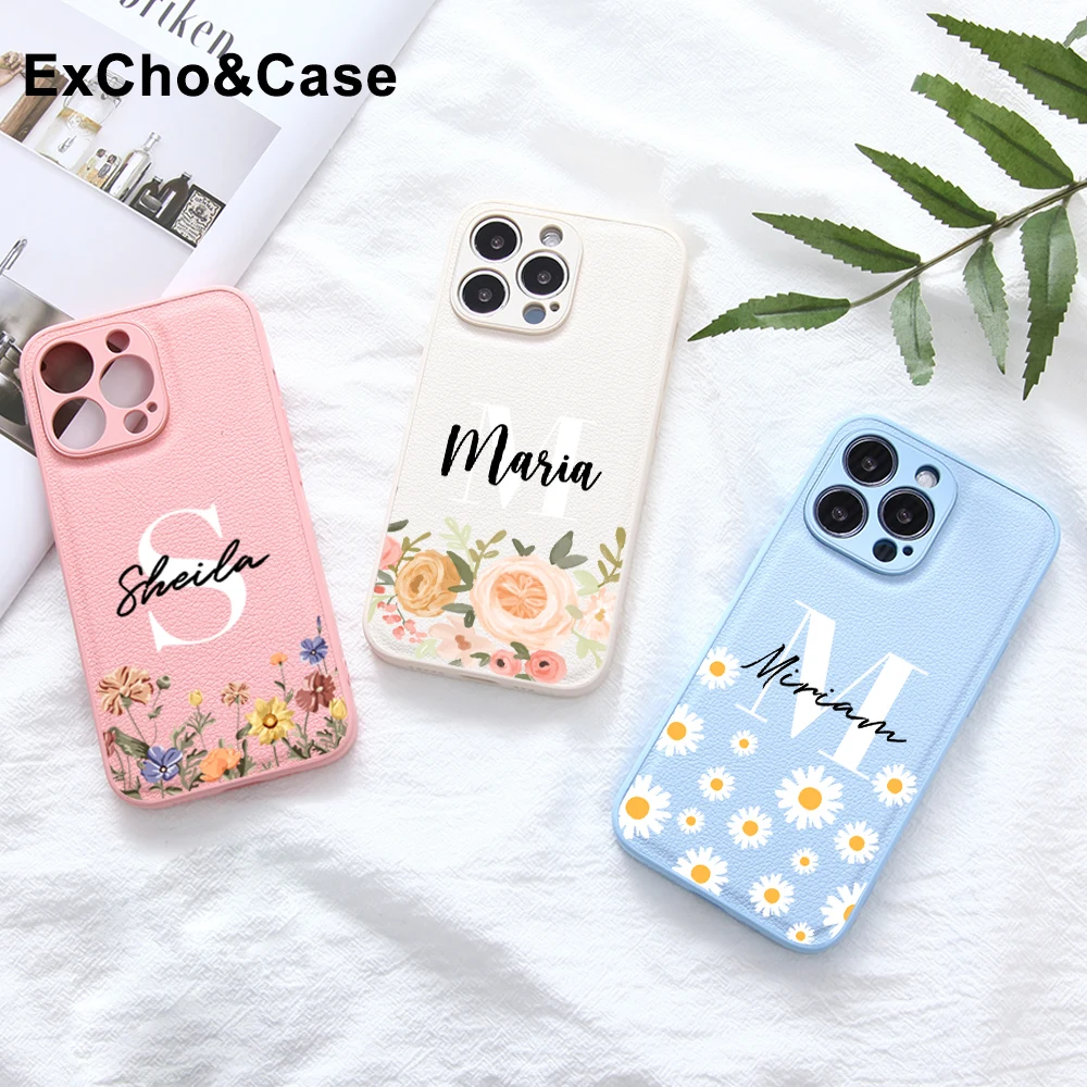 Personalize o caso à prova de choque da textura de couro do nome personalizado para o iphone 13 12 11 pro max x xs 7 8 mais capa proteção da câmera completa