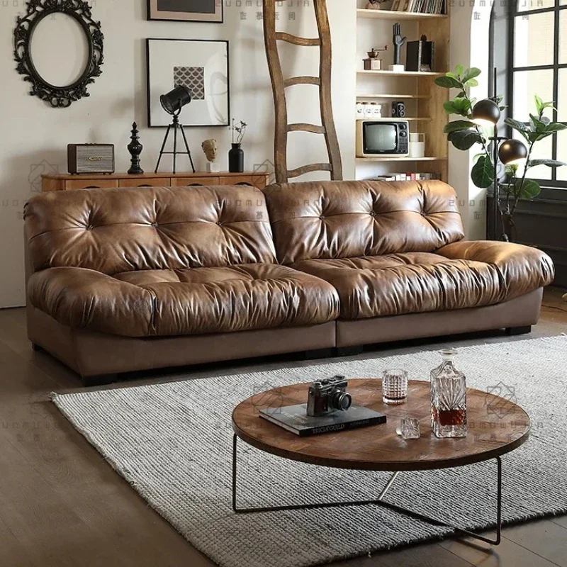 A Mid-Ancient Oil Wax Leather French Retro Small Apartment Straight Row Full Leather Sofa Living Room Leather Cloud Sofa
