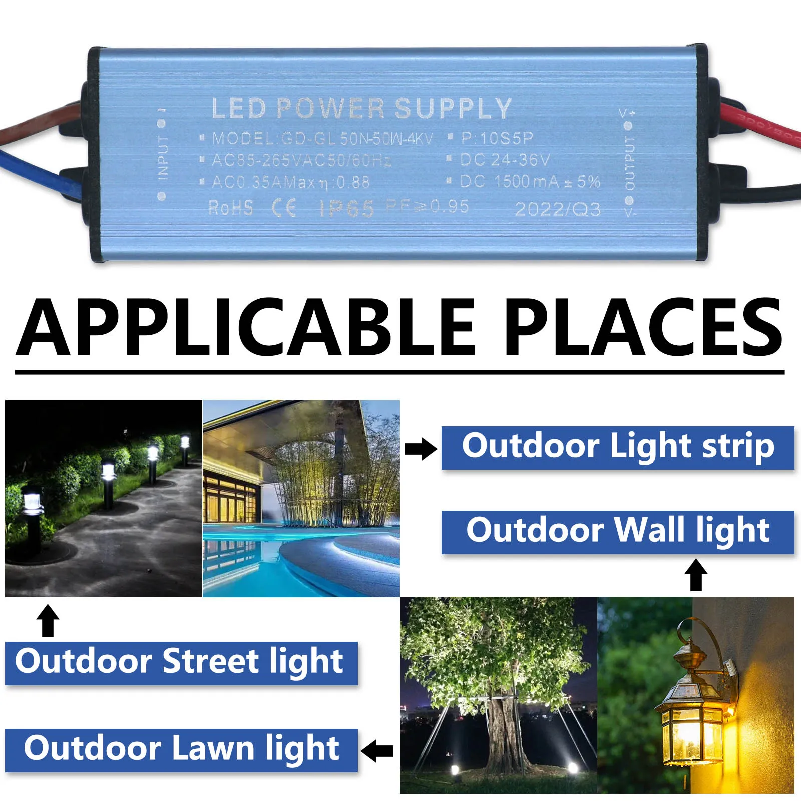 Waterproof IP65 Lighting Transformers AC85-265V to DC24-36V Power Supply 50W 1500MA  Aluminum Isolated Constant Current Driver