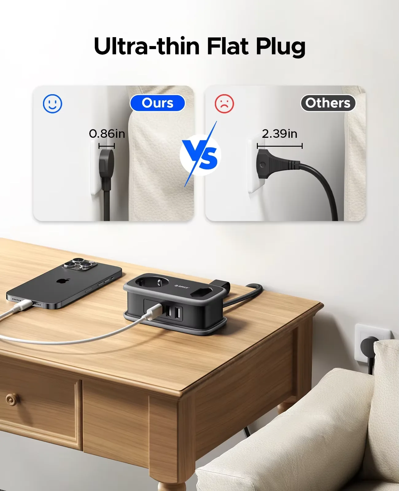 ORICO 5-In-1 Smart Charging Sockets 2AC 3USB Port Outlets 1.1M Extension Cable EU Plug Travel Power Strip Usb Electrical Socket