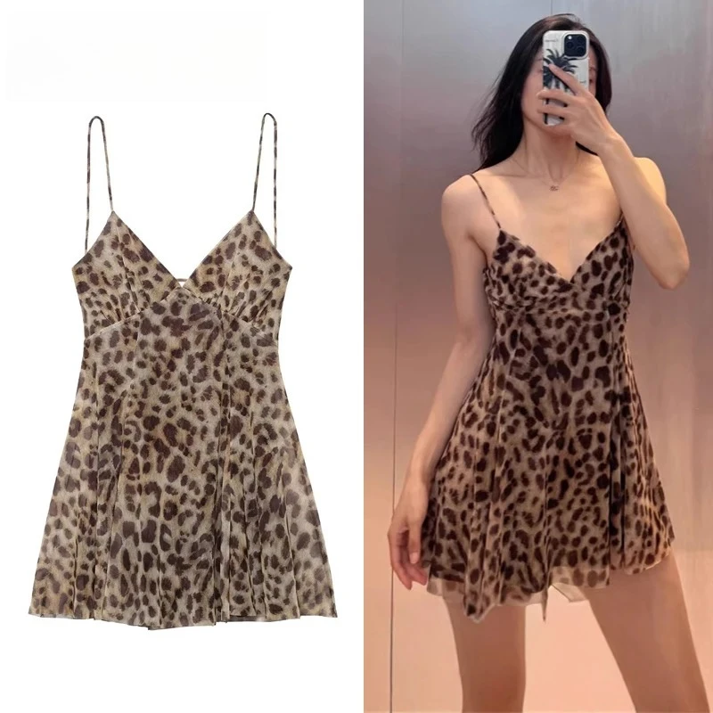 

2025 Tulle Mini Dress Woman Leopard Print Slip Dress Women Sexy Backless Short Dresses for Women Draped Party Dresses