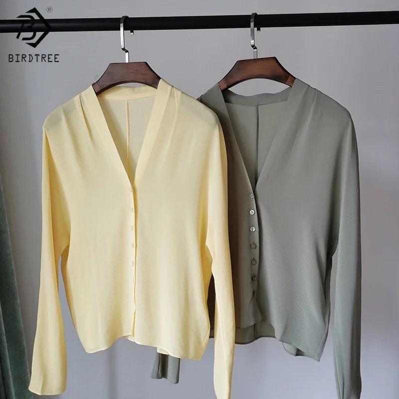 

Birdtree,23MM 100% Mulberry Silk Blouse,Women's Full Sleeve V-neck Tops,Single Breasted,2025 New Shirt,Yellow,Green T5D401JF