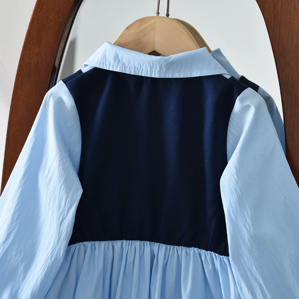 النسخة الكورية الأزرق الخريف ملابس الأطفال الجديدة طويلة الأكمام التلبيب الفتيات فستان كاجوال الحب الديكور نمط الأكاديمية #4