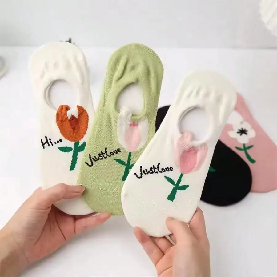 5 Pairs Women Socks Spring Summer Thin Candy Colors Cartoon Flower Boat Socks Female Cute Shallow Mouth Invisible Socks image 4