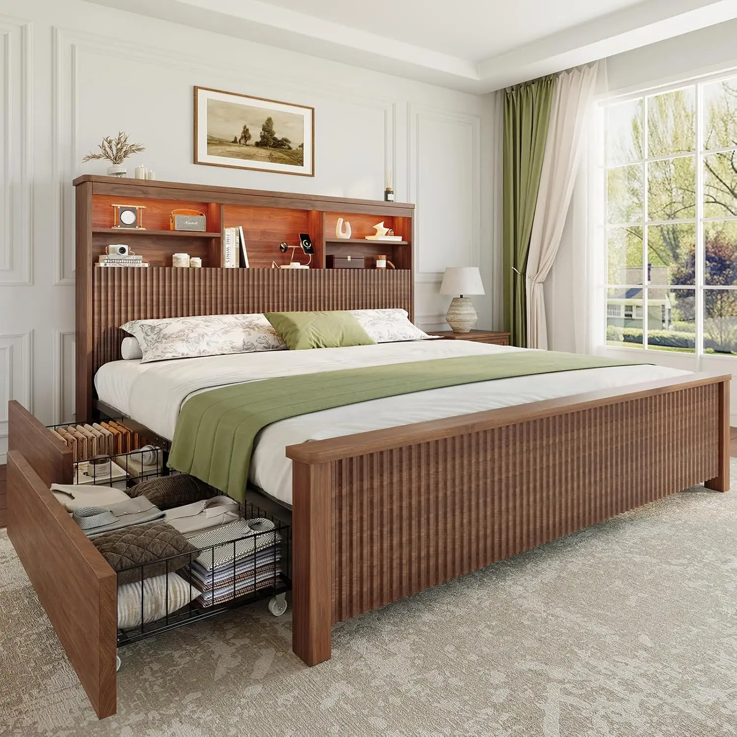 Queen Size Bed Frame and Tall Headboard & Storage, Metal Platform Bed Frame with 4 Storage Drawers, Queen Bed Frame, Customized
