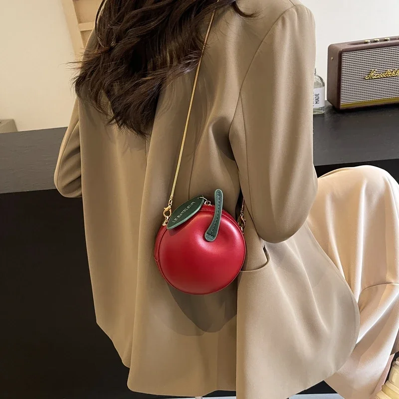 Apple Shaped Chain Women\'s Crossbody Bag PU Zipper Fashionable Women\'s Bags 2024 Hot Sale Sewing Thread Crossbody Bags