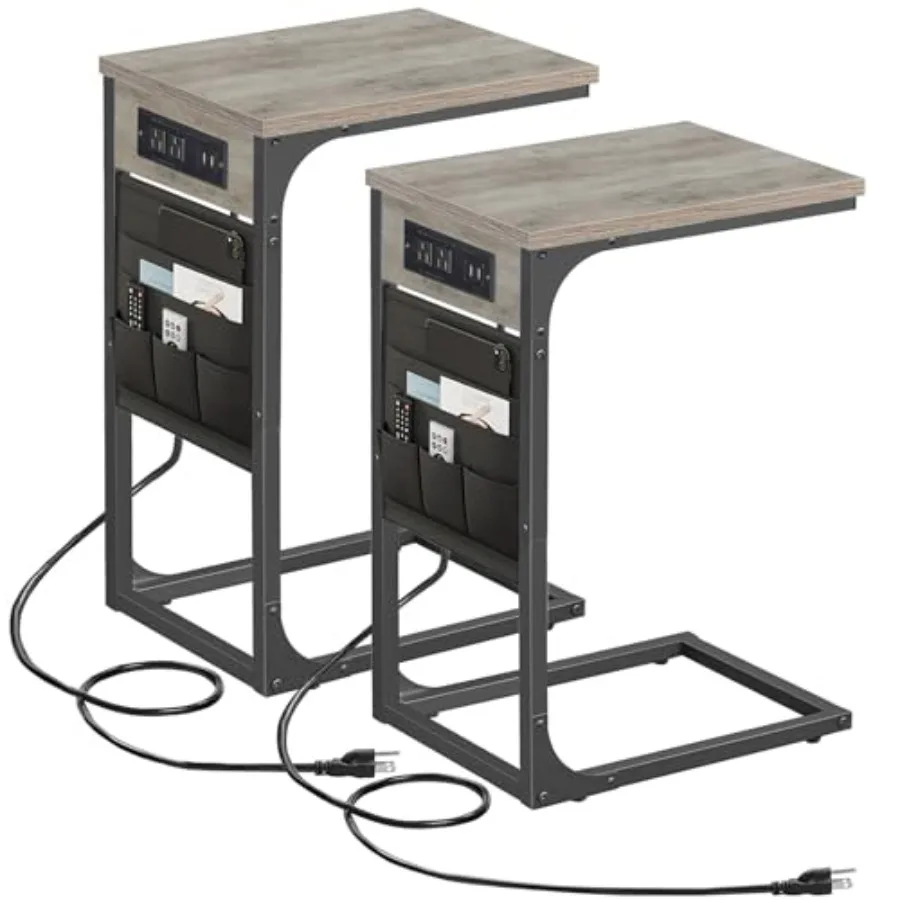 C Shaped End Table with Charging Station Side Table for Sofa Couch Table with Storage Bag Set of 2 TV Tray Table with 2 USB Por
