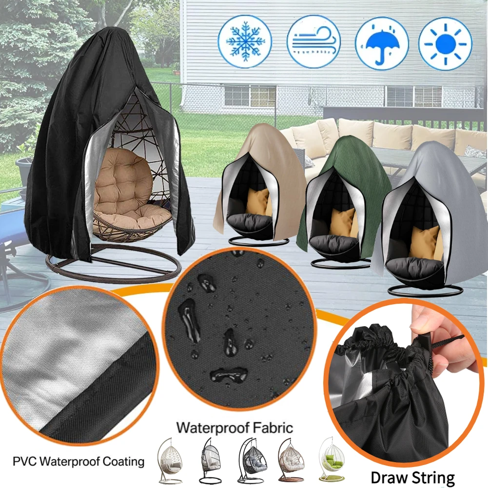 Patio Hanging Egg Chair Cover Waterproof Windproof Swing Chair Protector W/ Zipper Buckle For Outdoor Wicker Single/Double Seat