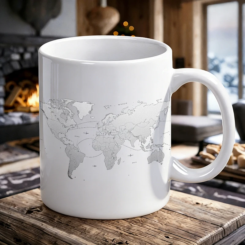 Aviation Festival mug Vintage-Inspired World Map Print with Minimalist Design and Black Outline