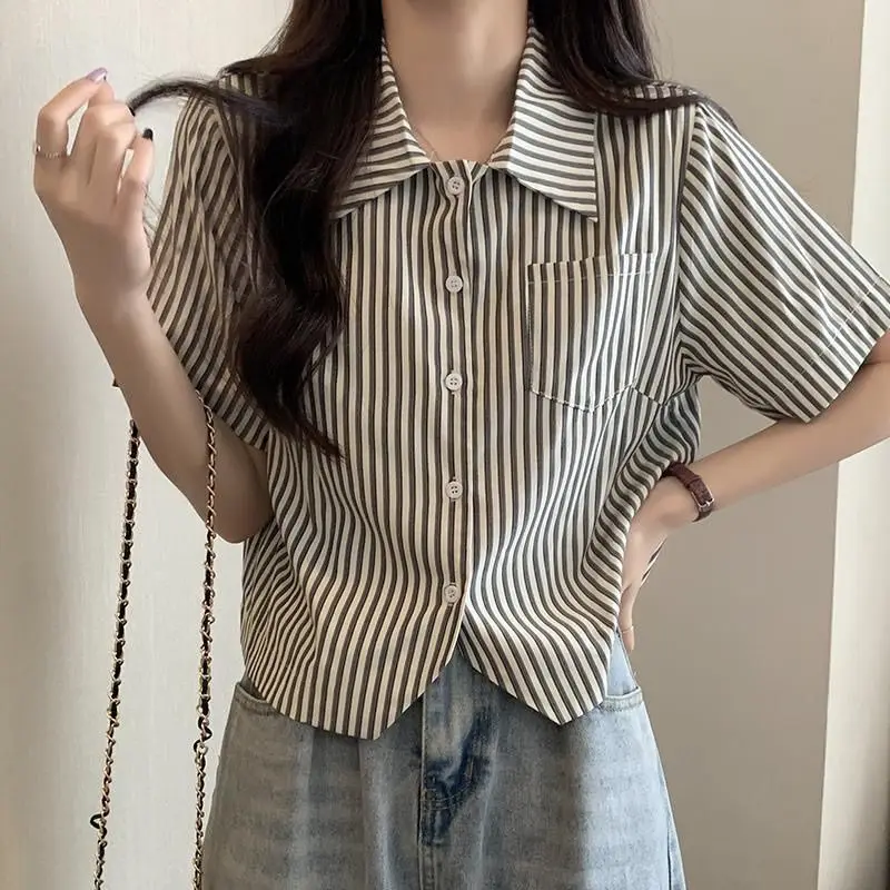 

Summer Casual Korean Fashion Loose Buttons Single Breasted Striped Short Sleeve Youth Lively Bright Easy Close to the People