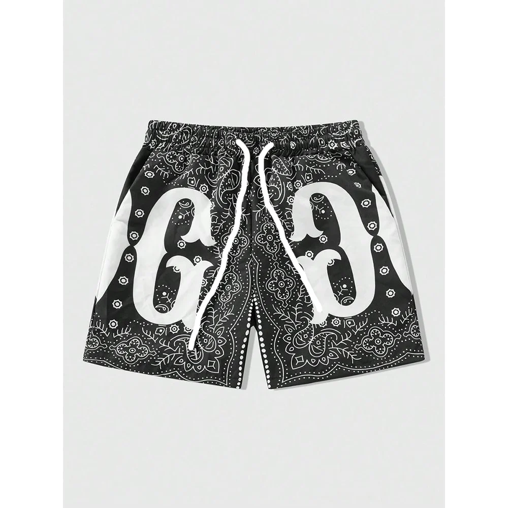 

Summer Street Fashion Trend White Paisley Patterned Shorts With Unique Style Design Quick-Drying Men's Drawstring Shorts