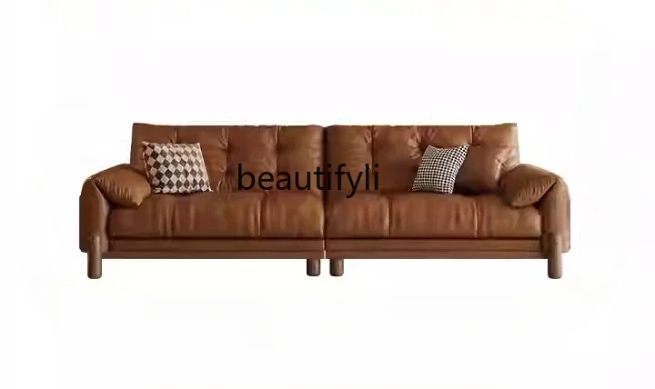 S8617Living room solid wood sofa new three-person straight row small apartment retro first-layer cowhide sofa