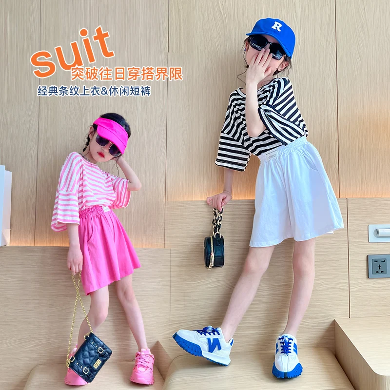 Summer Girls Clothing Sets 2pcs Tracksuit Children Cotton Suit kids Striped Outfits 10-12T Tees+Shorts Girls Clothes Casual Sets