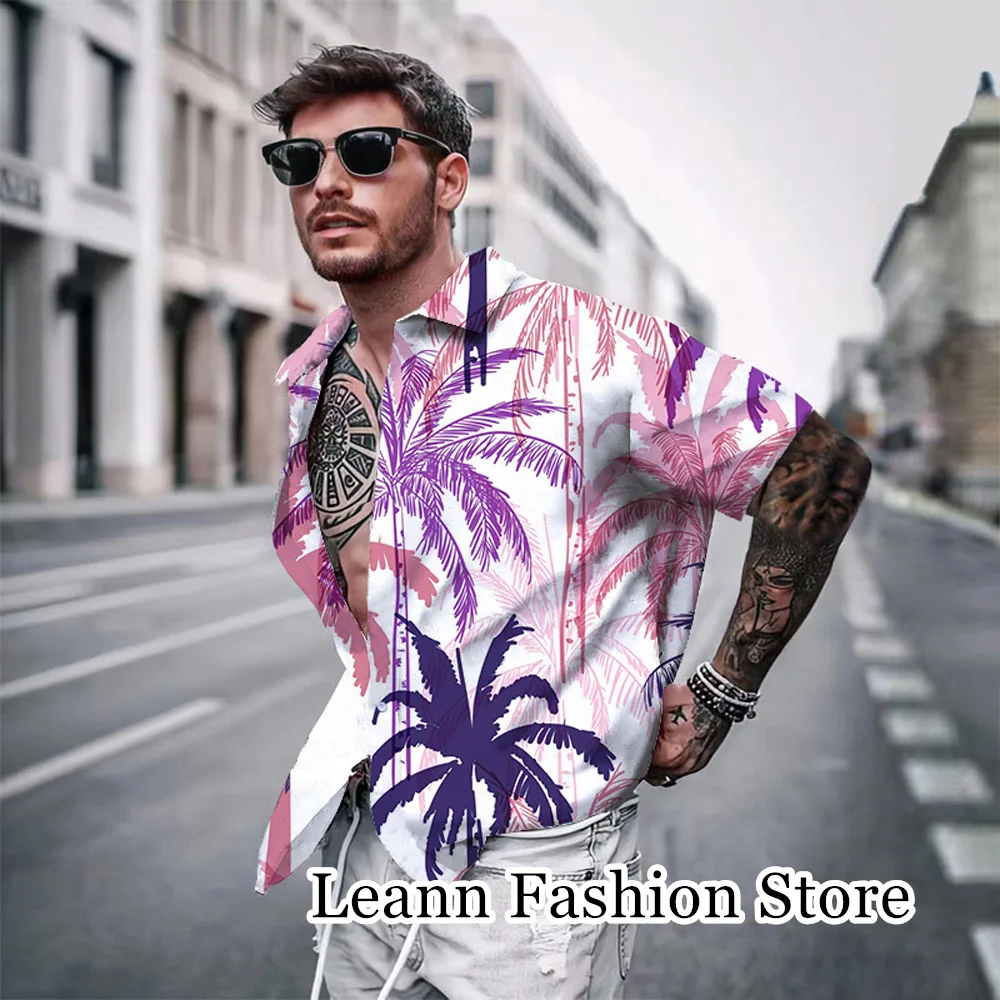 Camisa masculina de botão estampado de coco, casual havaiana de férias, roupa de lazer manga curta, moda 3D, verão