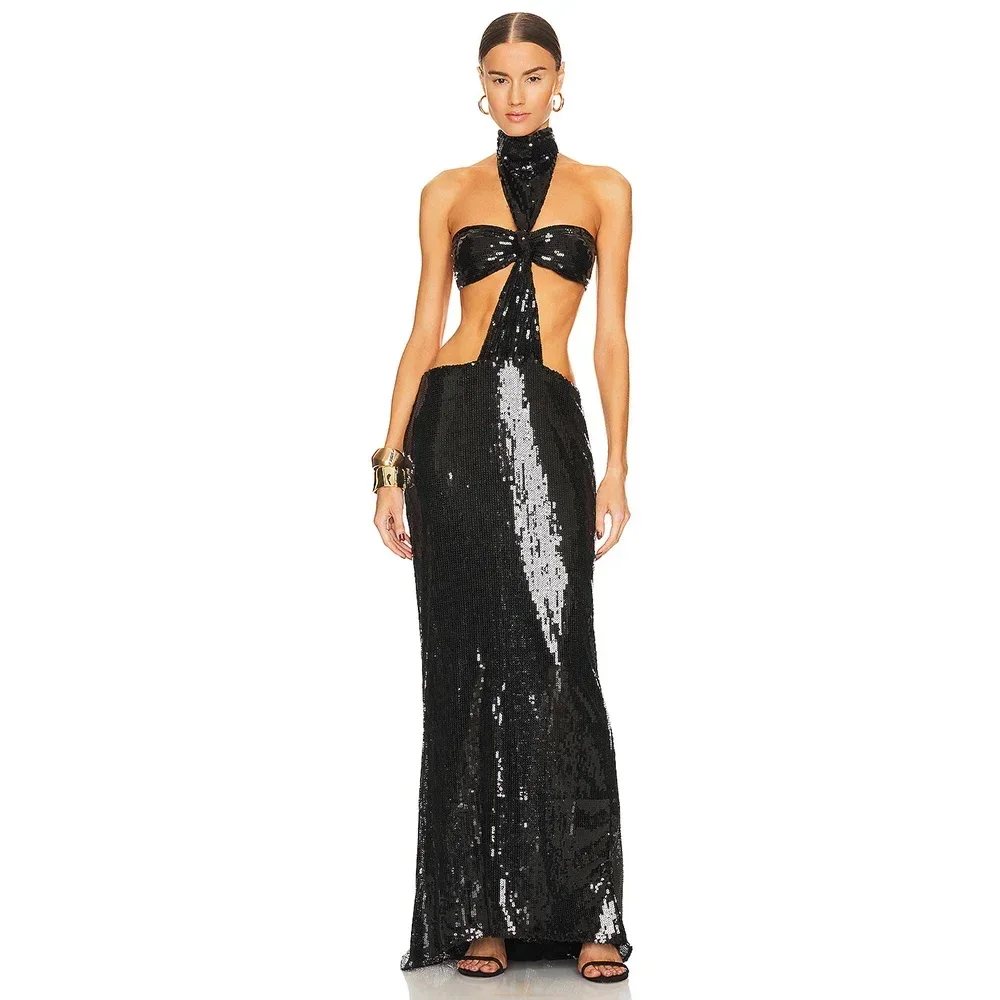 

JONN 2024 New Summer Women's Black Sequin Sexy Cut-Out Backless Sleeveless Tight Long Dress Elegant Celebrity Party Evening Gown