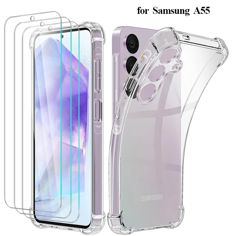 Coque en silicone antichoc avec verre trempe pour Samsung Galaxy, coque pour Samsung A55, A54, A14, A34, A35, A52, A52S