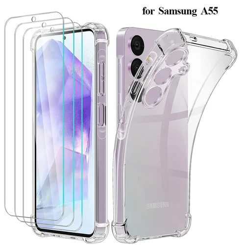 삼성 갤럭시 A55 충격 방지 실리콘 커버, A55, A54, A14, A34, A35, A52, A52S 용 유리 케이스 Case and Screen Protector 