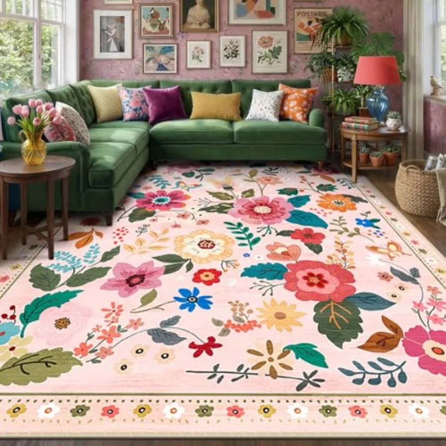 

Floral Nursery 8x10 Area Rugs for Living Room Playroom Bedroom Kitchen OfficeWashable Boho Print Non-Slip Low-Pile Polyester Ca