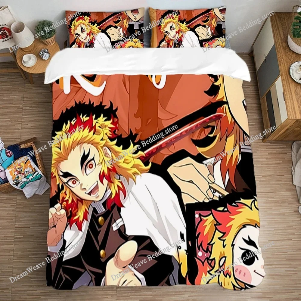 

Queen Bed Comforter Sets Single Double Large Size Duvet Cover Set Anime Rengoku Kyoujurou Fashion Pillowcase Art Bedding Linen