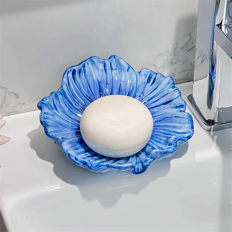 Ceramic Flower Soap Dish Drainable Elegant Non Drip Holder For Bathroom Sink Vanity Countertop Home Luxury Gift For Women