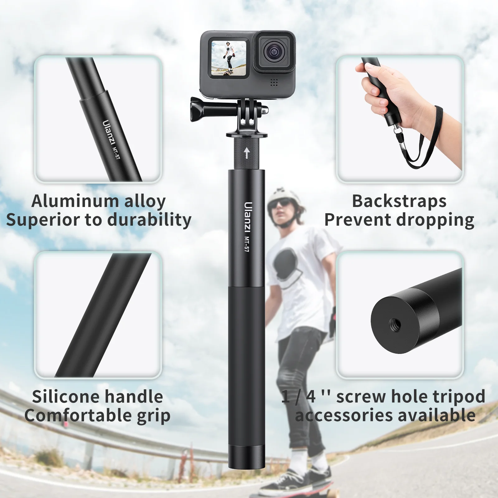 Ulanzi MT-58 Action Camera Tripod Monopod Extendable Selfie Stick Pole 1/4\'\' for GoPro 13 12 11 10 9 insta360 X2 X3 DJI Action 4