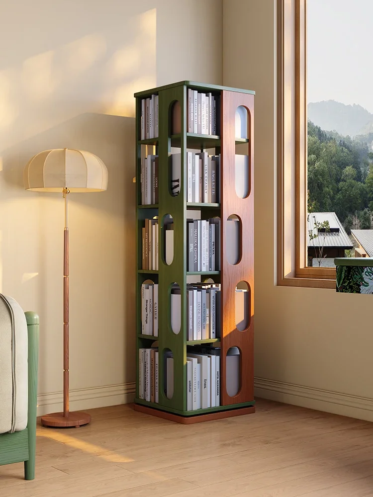 

Solid wood retro bookcase 360 degree rotation bookshelf living room Internet celebrity floor multilayer storage shelf