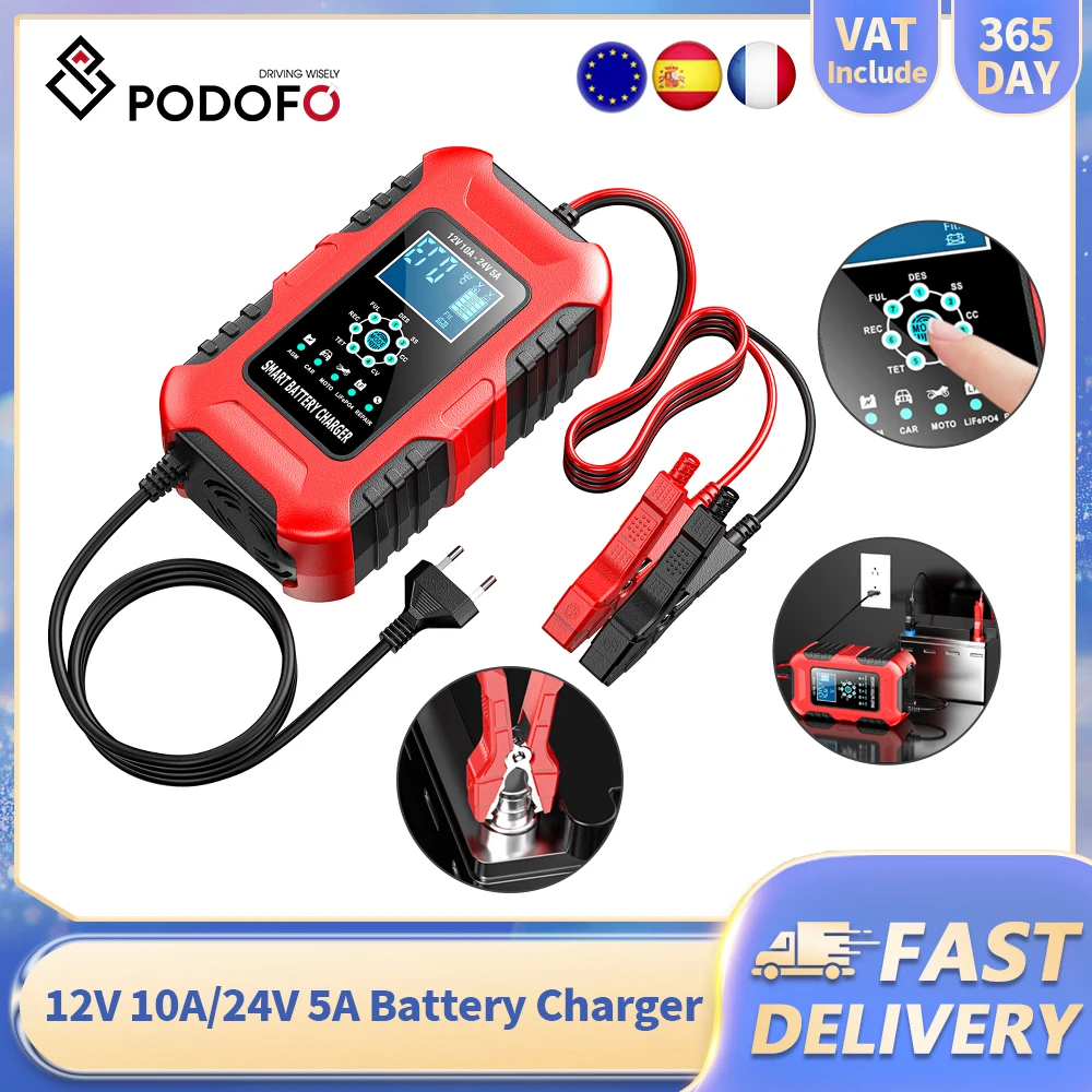 Podofo 12V 10A/24V 5A Batterieladegerät für Calcium/Gel AGM/LiFePo4/Blei-Säure-Batterien mit Thermoschutz, Pulsreparatur und LCD-Anzeige