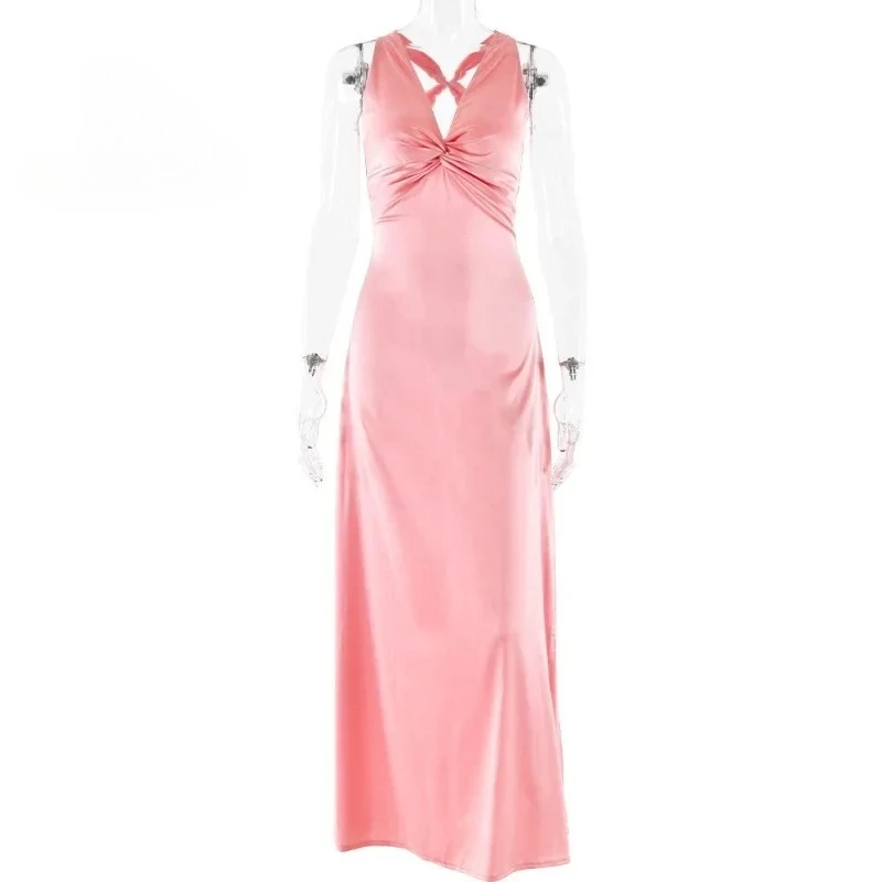 BWQ جديد 2025 فساتين نسائية صيفية عصرية ومثيرة على شكل حرف v وحزام متين بدون ظهر تنورة طويلة نحيفة من الساتان فساتين حفلات الشاطئ