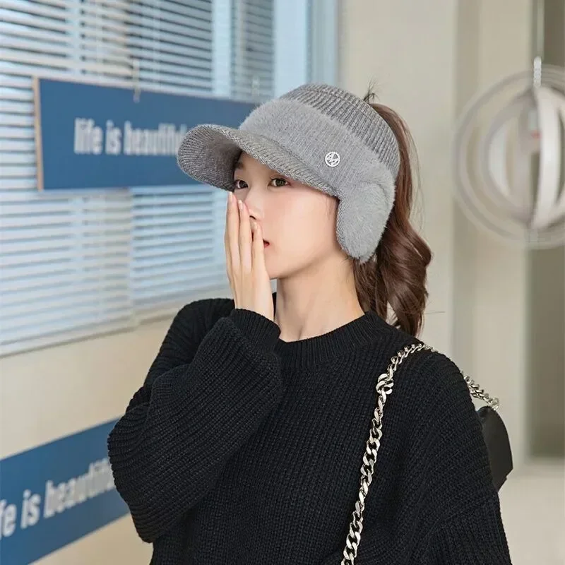 Knitted Fleece Hats Autumn Winter Women Fashion Comfortable Earflaps Hats Skiing Traveling Outdoor Warm Empty Top Baseball Caps