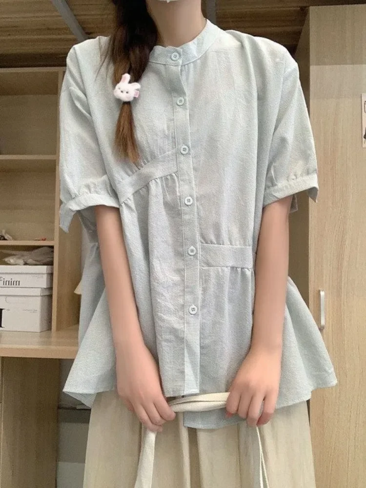 Shirts Women Summer O-neck Short Sleeve Daily Simple Fashion Lovely Korean Style Students Single Breasted Youthful Creative New