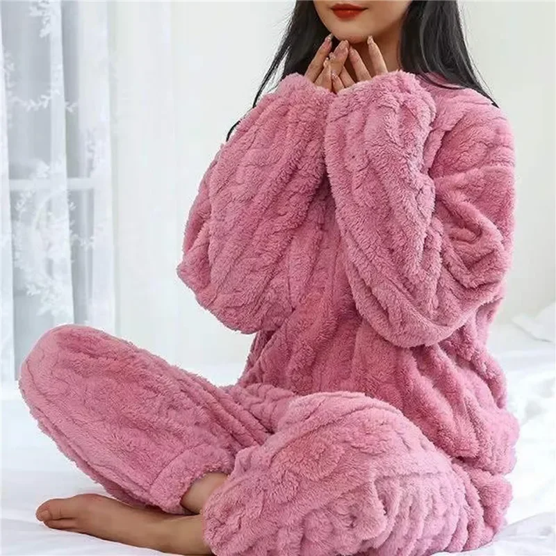 Autumn Winter Warm Flannel Women Pyjamas Sets Thick Coral Velvet Long Sleeve Soild Sleepwear Casual Flannel Pajamas Homewear