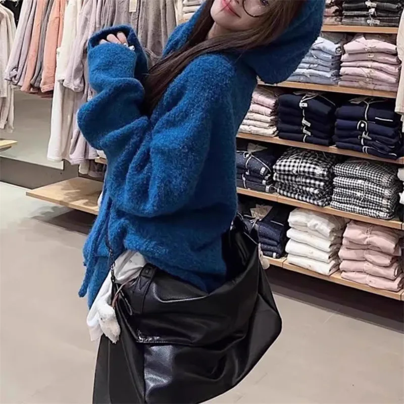 

Women's Winter Lazy Style Outerwear Loose Knitted Shirt Casual Comfortable Fashion Korean High-End Soft Cozy Hooded Sweater