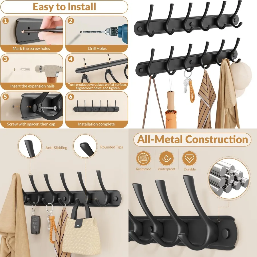 

2 упаковки сверхмощных настенных вешалок с 6 крючками для ванной комнаты, прихожей, спальни, прачечной, гостиной, черных настенных вешалок для H