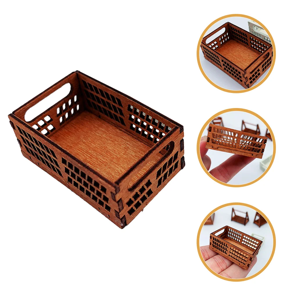 2 Pcs House Storage Box Miniature Things Pretend Play Miniatures for Crafts Wooden Frame Crates Basket Micro-scene Baskets