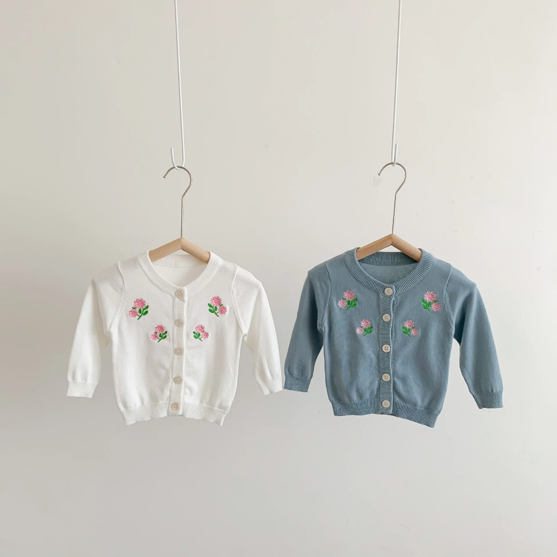 Girls Embroidered Floral Long Baby Sleeved Single-Breasted Sweater Coats Toddler Outfit Tops 100% Organic Cotton For 0-36 Months