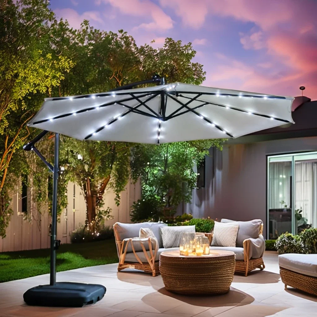 Customized Full Set LED Light Outdoor Garden Sun Beach Parasol Modern Cantilever Patio Umbrella Bases Parts Outdoor Furniture