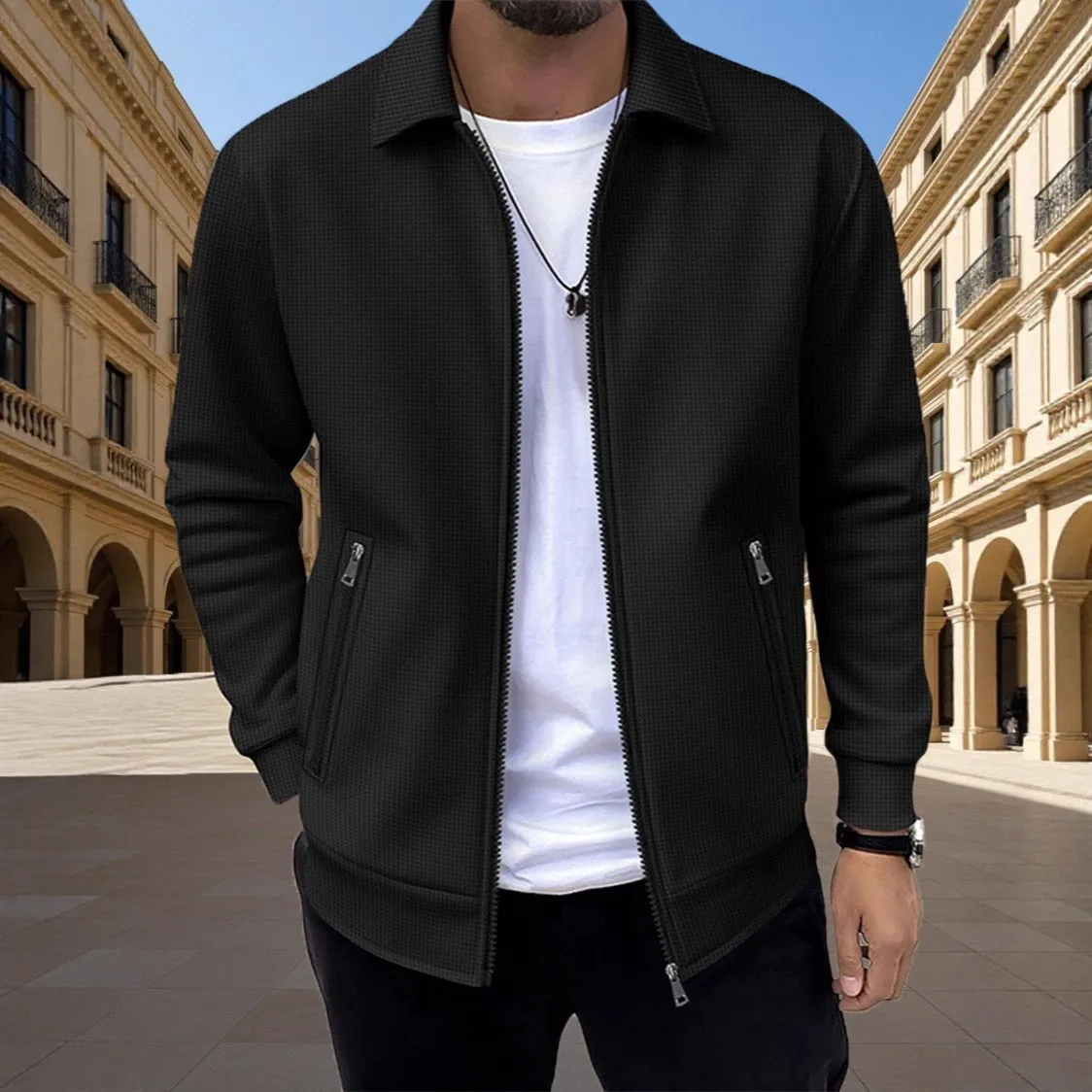 Men's 2026 Fall Long-Sleeve Waffle Knit Turned-Down Collar Jacket, Klein Blue Zipper Cardigan for a Casual Fashion Look