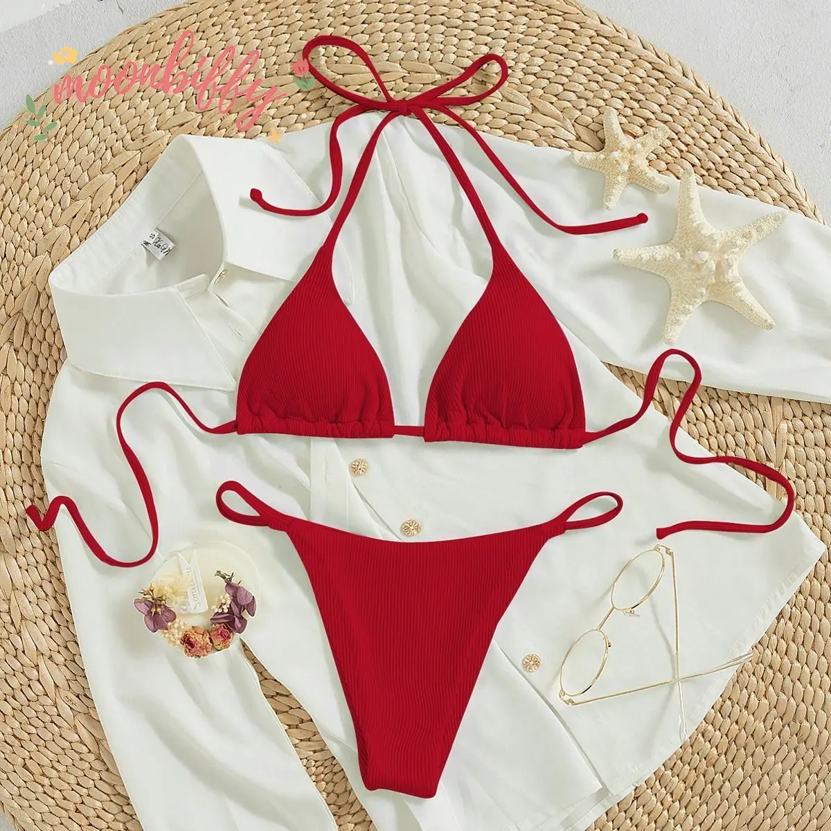 Special Pit Stripe Fabric Bikini Set Women Sexy Simple Solid Halter Bikini Swimsuit High Waisted Lace Up Beach Bathing Suit