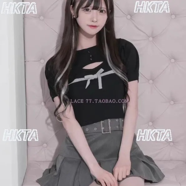 

Sweet Slim Casual Bow Short Sleeved T-shirt Three Dimensional Woven Suspender Vest Top Pink Two Piece Set Women Knitted Tshirt