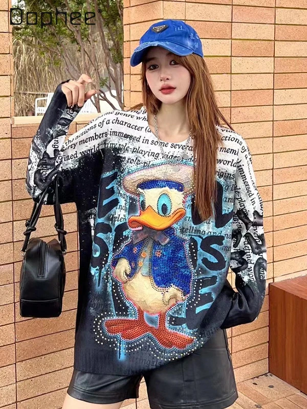 Langarm pullover weibliche Trend marke Schwerindustrie Hot Diamond Loose Fashion Tops Frauen Cartoon Rundhals ausschnitt Pullover Top