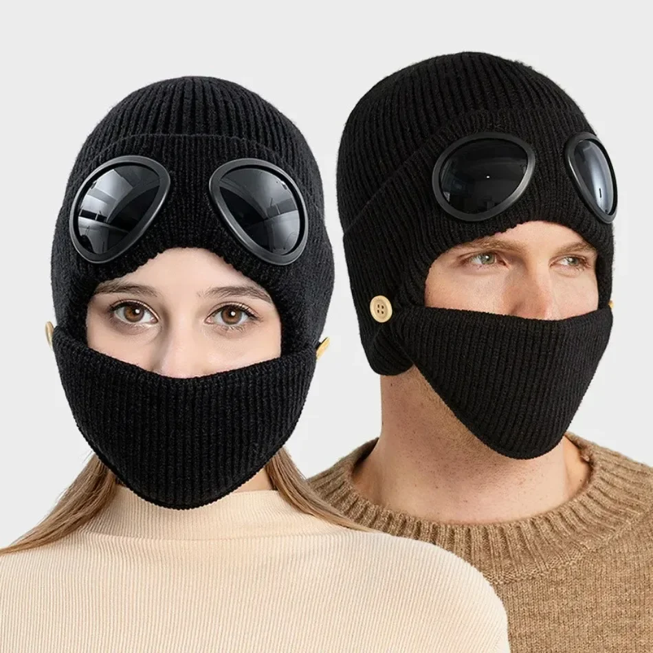Chapeau chaud d'automne et d'hiver, nouvelles lunettes d'aviateur, Protection des oreilles, Plus chapeau tricoté en laine chaude en velours avec masque
