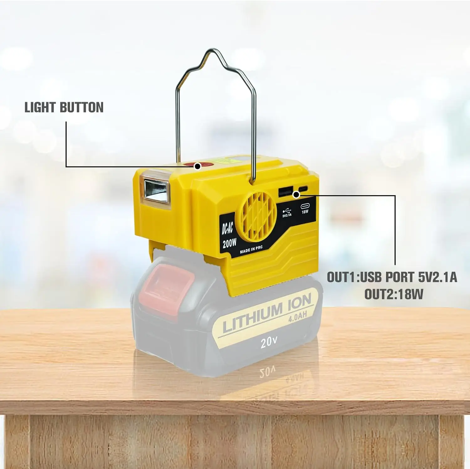 Adaptador de batería para Dewalt, convertidor de 220V con ganchos de elevación, herramienta eléctrica con puerto USB y luces de trabajo LED tipo c (sin batería)