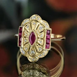 Huitan Gorgeous Red CZ Gold Color Rings for Women Vintage Style Luxury Lady Accessories Party Anniversary Gift Noble Jewelry