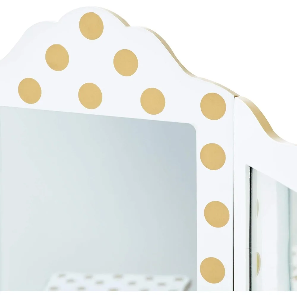 Princess Polka Dot Wooden Play Vanity Set with Mirror, Drawer & Stool for Kids Ages 3+