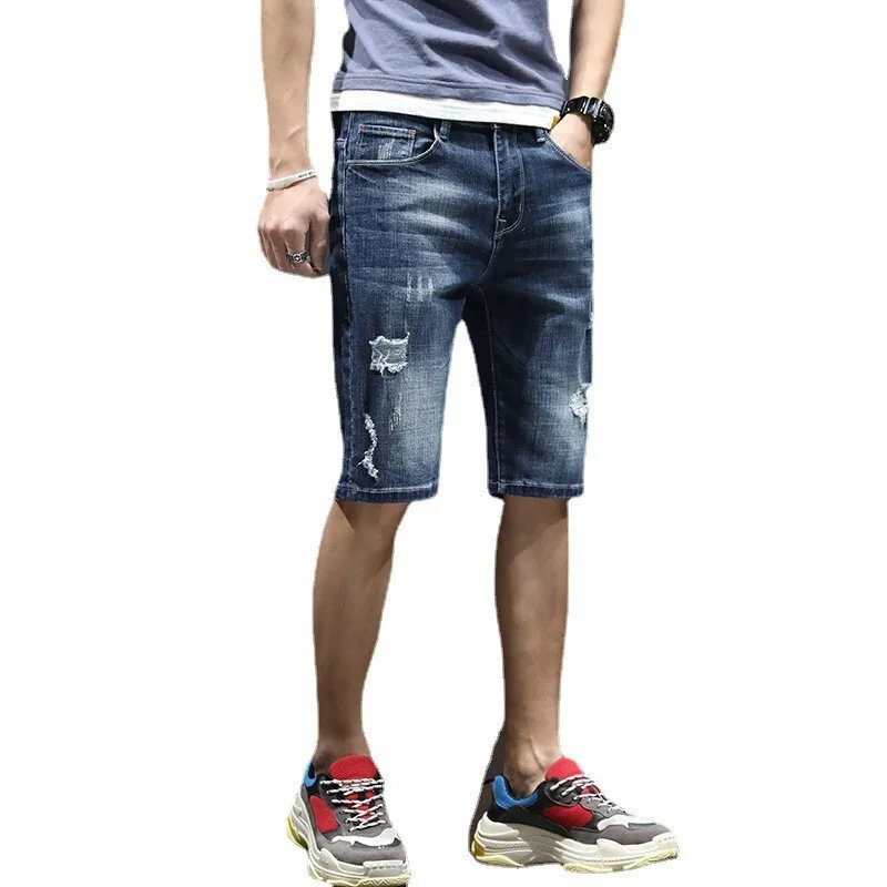 

Summer Men's Casual Loose Hole Denim Shorts Mid-Length Ripped Jeans Shorts