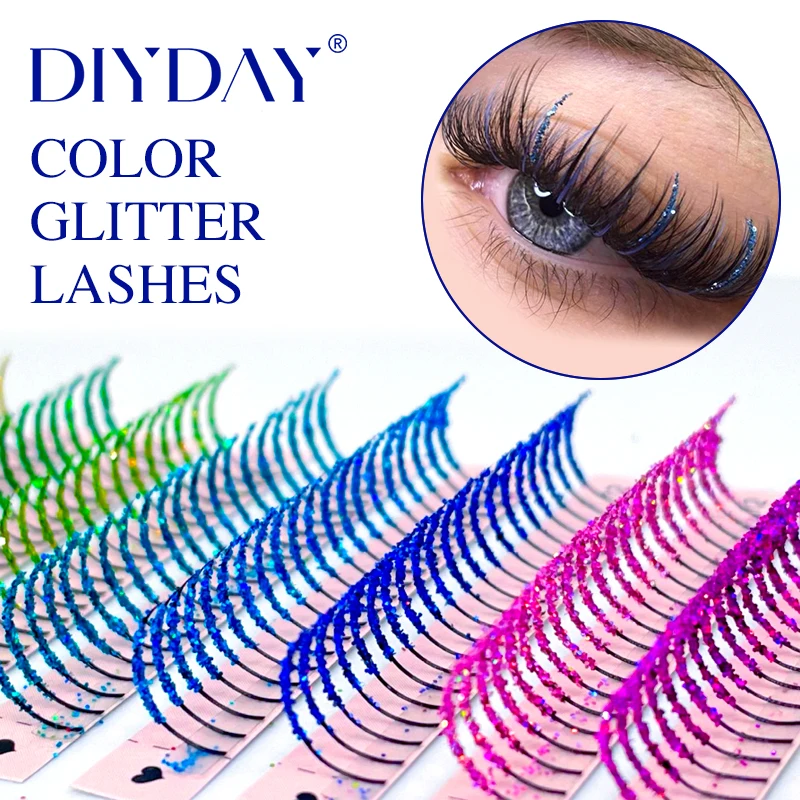 DIYDAY, mezcla de colores, extensión de pestañas con brillo dorado, pestañas Holloween, brillo Individual prefabricado, pestañas en abanico, brillo para maquillaje