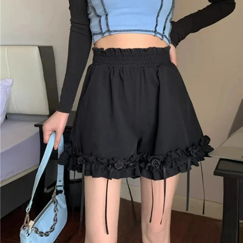

Korean Style Cute Black Ruffles Shorts 2025 New Summer Casual Elastic High Waist Cotton Shorts Sweet Woman Bud Shorts Kawaii
