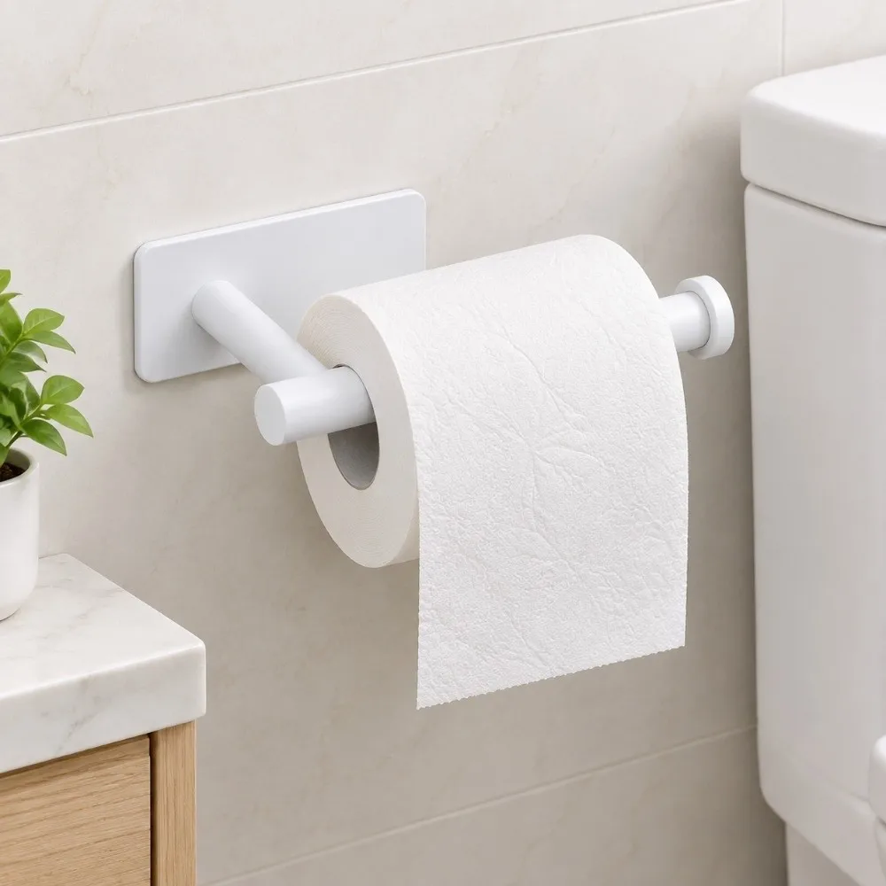 No Drill Toilet Paper Holder Waterproof Wall Mounted Tissue Dispenser Easy Installation Self Adhesive Roll Paper Organizer