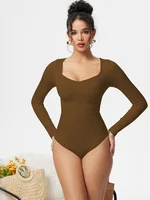 Autumn Winter Women's Long Sleeve Square Collar Bodysuit Solid Color Casual Ribbed Bodysuit Elastic Knitted Slim Bodysuit - Image 3